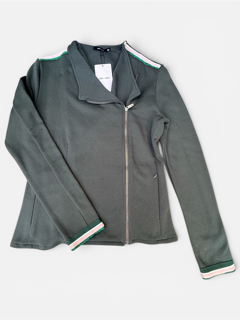 Saint + Sofia Cotton Biker Jacket Women’s US 8 Olive Green Moto Zip Jacket NWT
